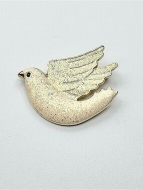 Vintage MCM White Glitter Dove Brooch Pin Gone Tone